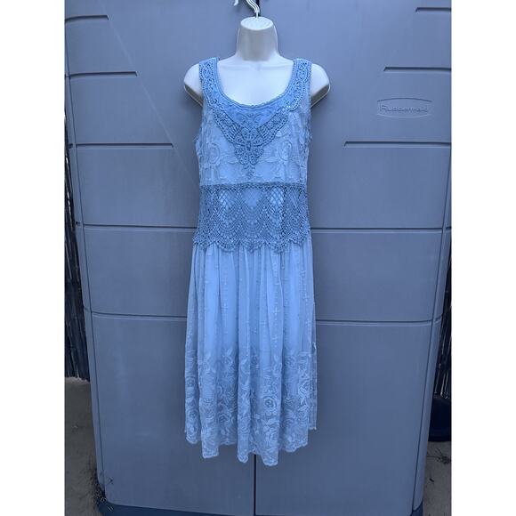 SUNDANCE Love Always Blue Lace Overlay Midi Dress Sz 6 Beach Coastal Romantic - Picture 3 of 14